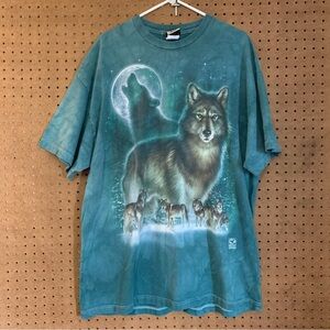 Wolf Graphic T-Shirt Liquid Blue 2000 Y2K Moon Oversized Teal Tie‎ Dye 2XL